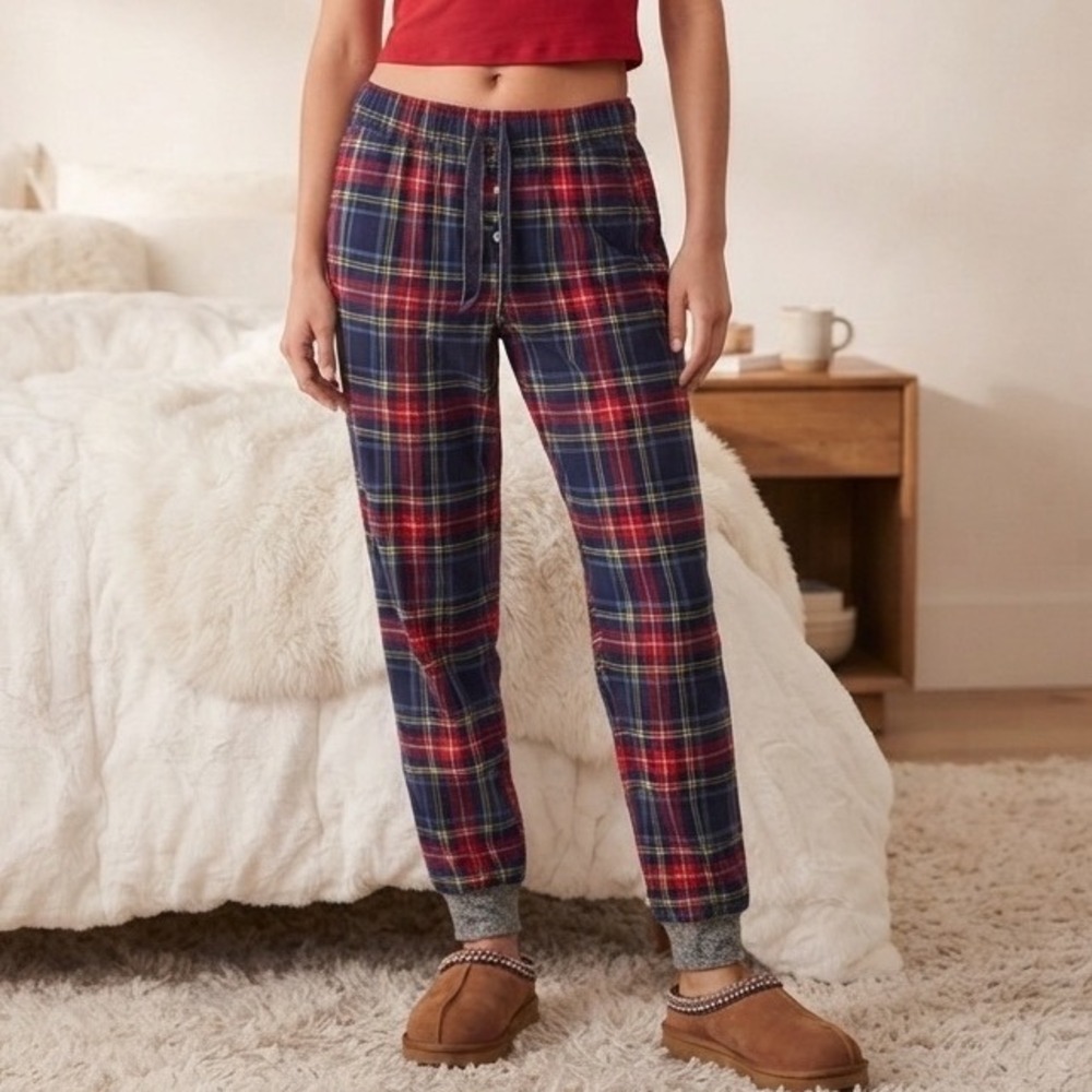 Aerie Navy Red Plaid Flannel Pajama Jogger Pants‎ Velvet Drawstring Small